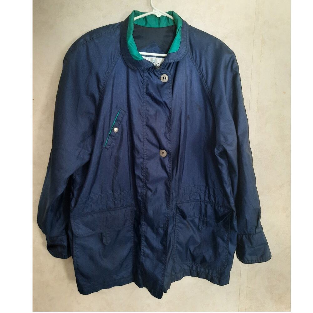 Vintage 90s Navy Blue Windbreaker Large Longline Retro Teal Contrast Gorpcore